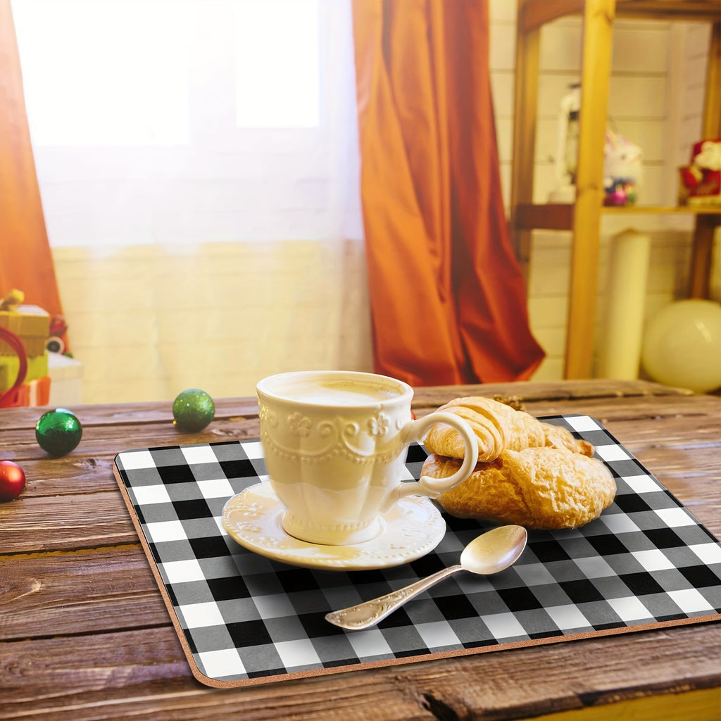 Collection of 8 Plaid Heat-Resistant Cork Placemats Suitable for Kitchen And Dining Tables, Measuring 16 X 12 Inches, Featuring Gingham Design. These Thick Cork-Backed Placemats Are Easy to Clean And Perfect for Christmas