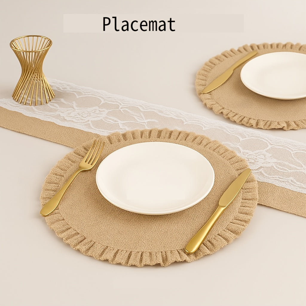 4pcs\u002F6pcs\u002F8pcs Round Burlap Placemats Jute Rustic Place Mats for Dining Tables Heat Resistant Natural Farmhouse Table Mats Decor for Thanksgiving, Suitable for Wedding Party Farmhouse Dinner Tablecloth Decoration, Graduation Ceremony