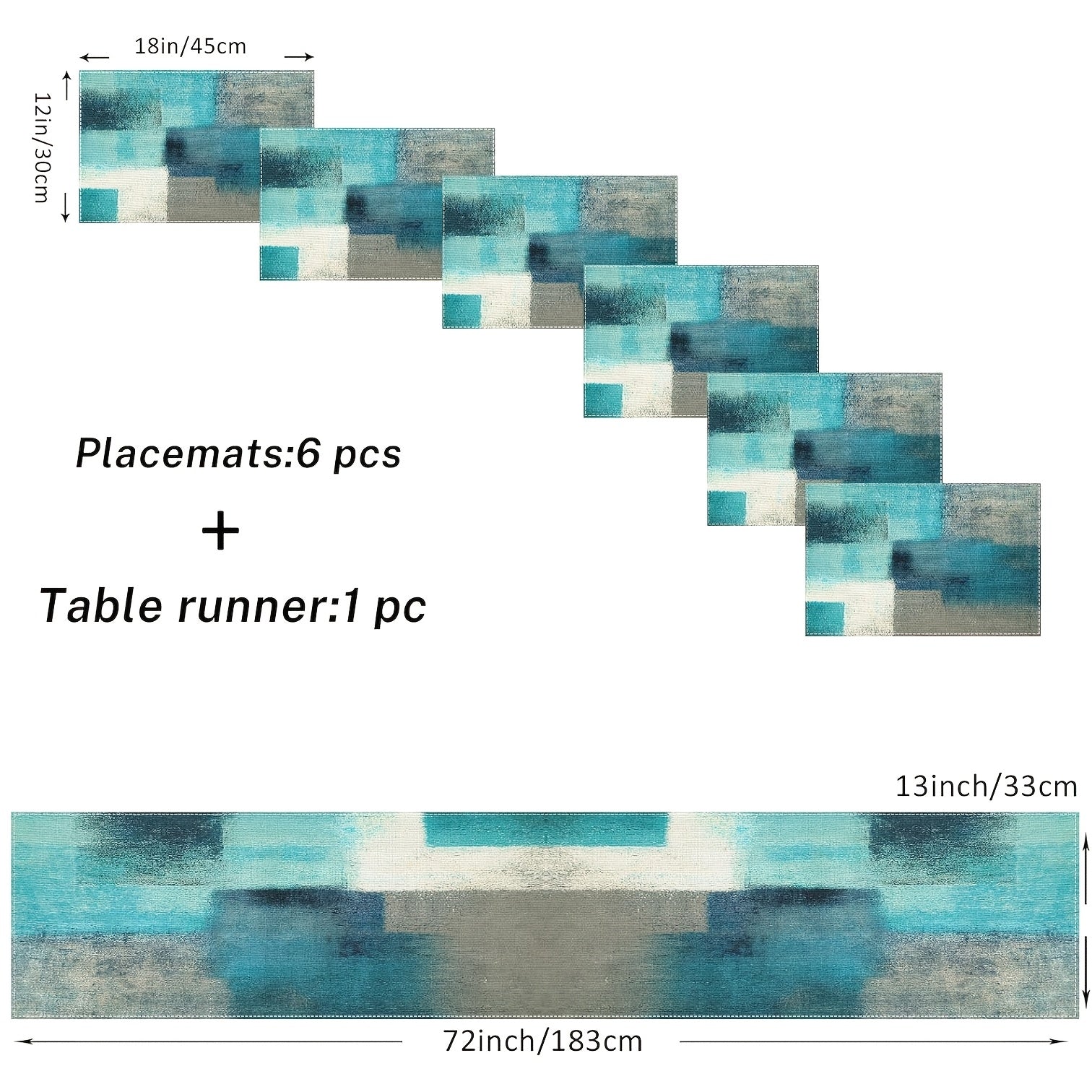 Farmhouse Table Set A Set of Farmhouse Table Runner And Placemats, Featuring Abstract Teal And Gray Painting Art for Table Decoration, Suitable for Everyday Use (1 Table Runner 72 Inches Long And 6 Placemats)