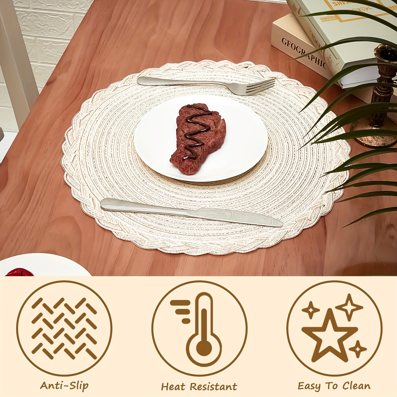 Large 15 Inch Round Braided Placemats Boho Placemats Bulk Washable Fabric Placemats Heat Resistant Round Kitchen Table Mats Circle Nonslip Table Mats