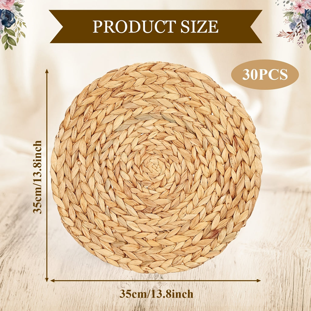 30pcs Wheat Round Placemats Hand Braided Table Mats - Rustic Boho Wheat Tableware for Dinner Party, Charger Plates, Kitchen & Dining Table Decor, Durable Wheat Table Settings (Compatible with Water