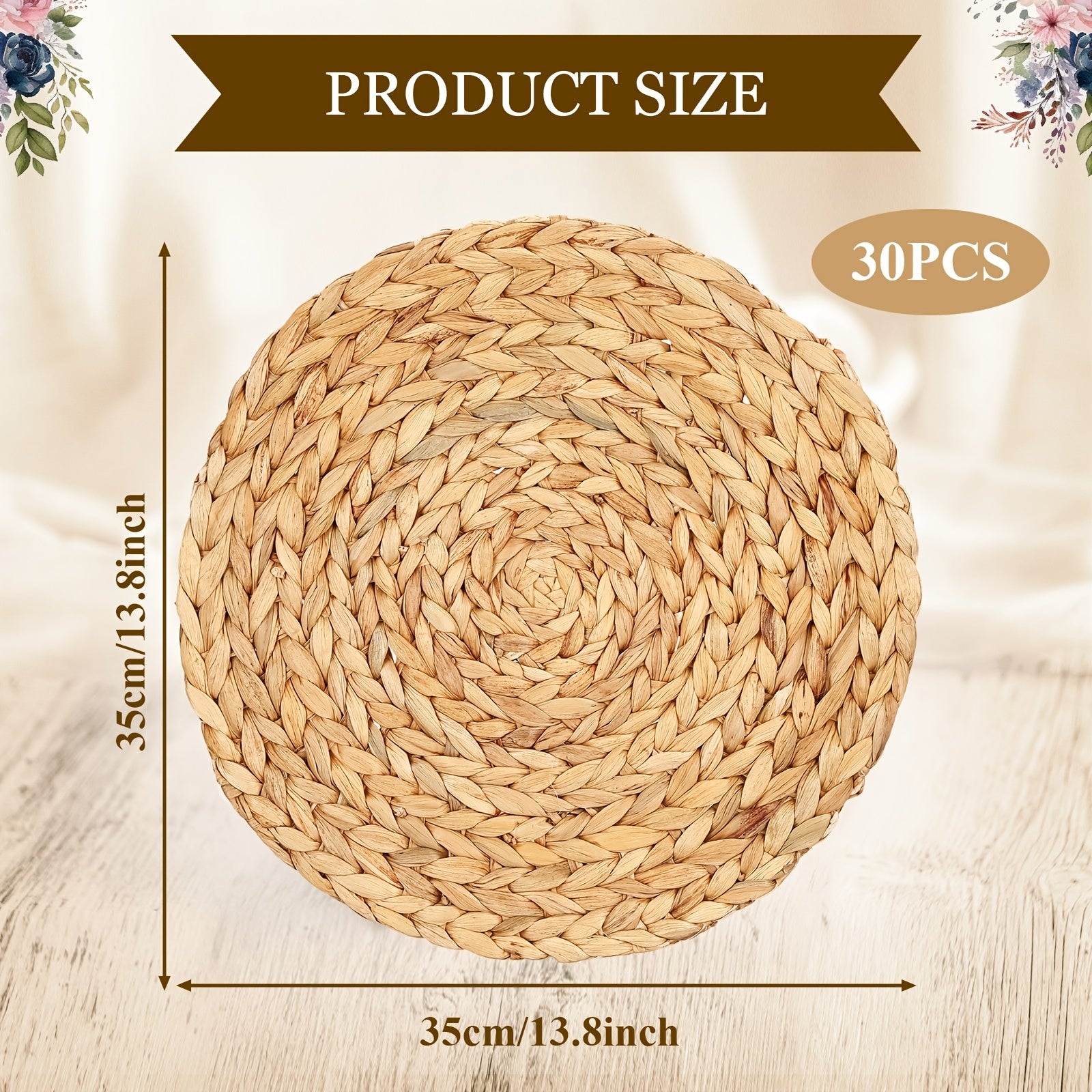 30pcs Wheat Round Placemats Hand Braided Table Mats - Rustic Boho Wheat Tableware for Dinner Party, Charger Plates, Kitchen & Dining Table Decor, Durable Wheat Table Settings (Compatible with Water