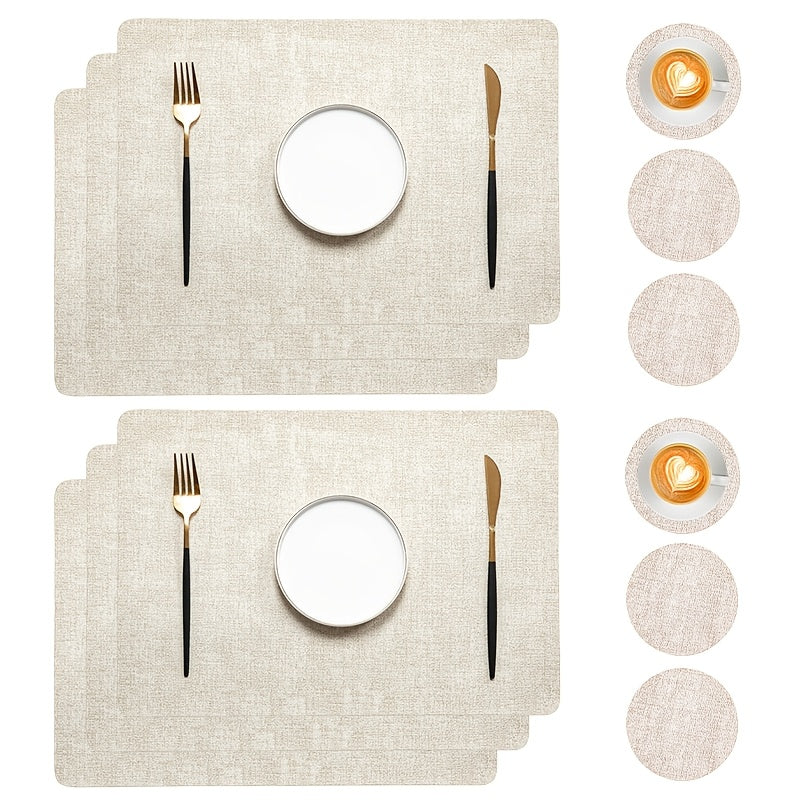 12pcs Set - Rectangular Faux Leather Placemats with Round Coasters, Heat Resistant Wipeable Washable Place Mats with Coasters, Coffee Tea Hot Drink Tabletop Coasters, Coffee Bowl Plate Mats Dining Table Mats, Suitable for Kitchen Restaurant Dining T