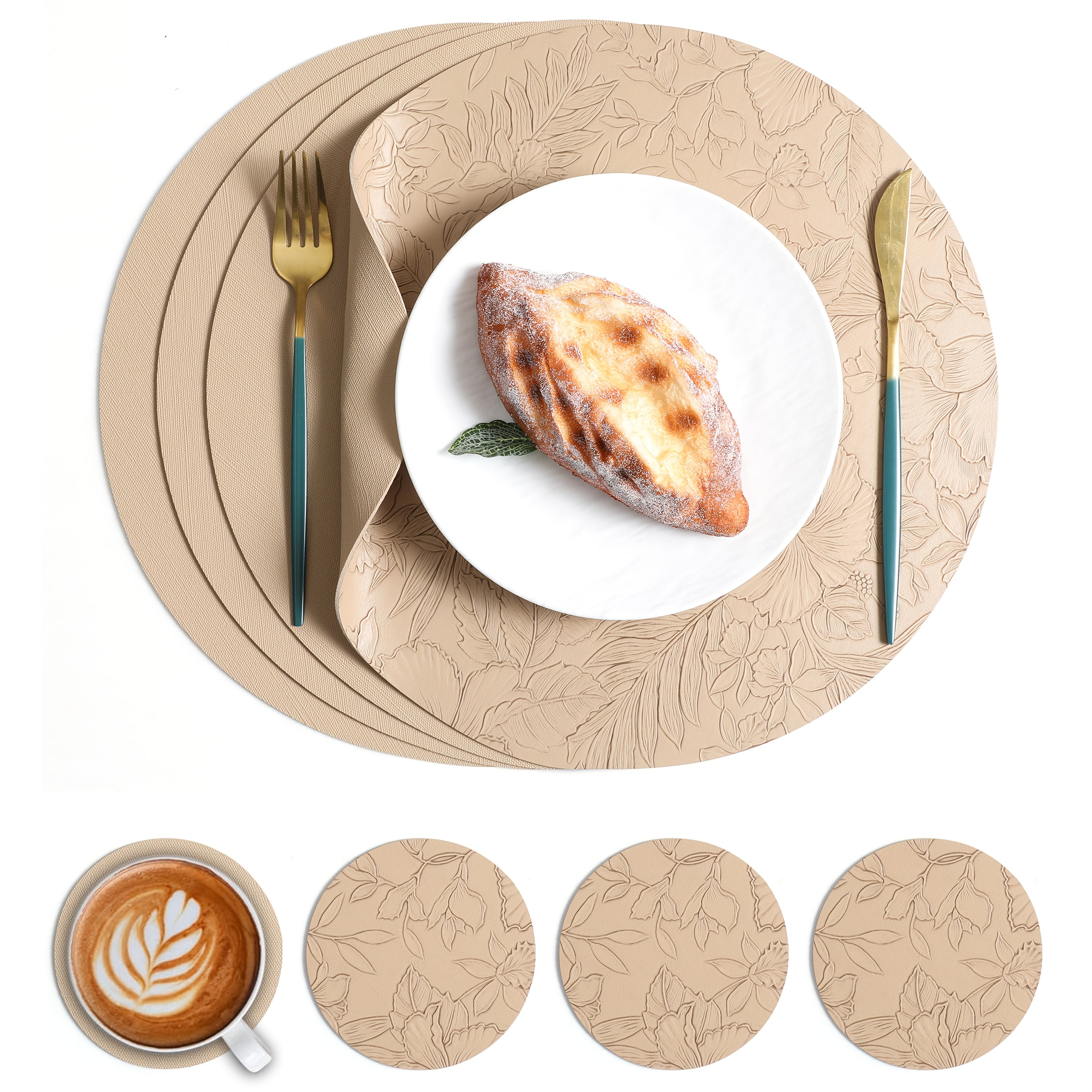 Of 4 Placemats And 4 Coasters, European-Style Luxury PVC Faux Leather Placemats, Double-Sided Round Embossed Placemats, Heat-Resistant Placemats for Hotels And Home, High-End Dining Table Placemats, Patterned Heat-Insulating Mats