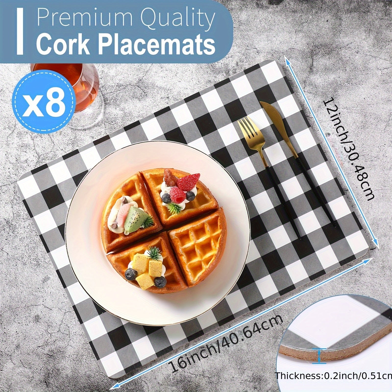 Collection of 8 Plaid Heat-Resistant Cork Placemats Suitable for Kitchen And Dining Tables, Measuring 16 X 12 Inches, Featuring Gingham Design. These Thick Cork-Backed Placemats Are Easy to Clean And Perfect for Christmas
