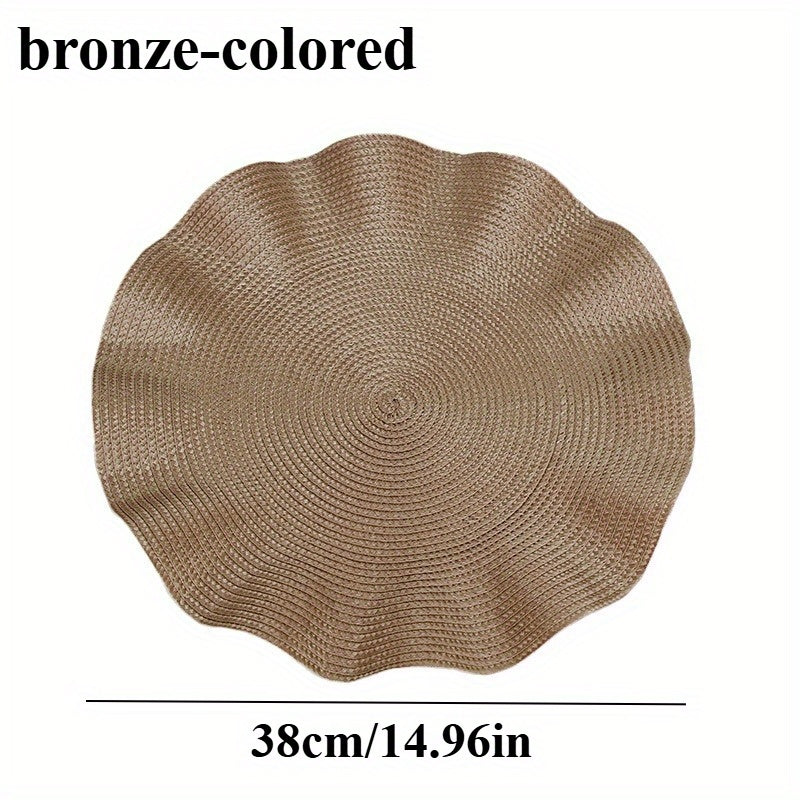 Set of 6 Creatively Designed Woven Polypropylene Placemats with Leaf Edges, Featuring Rustic, Heat-Resistant, And Non-Slip Properties. Includes Irregular Coasters And Cup Mats in Solid Colors, Ideal for Dining Tables, Kitchens