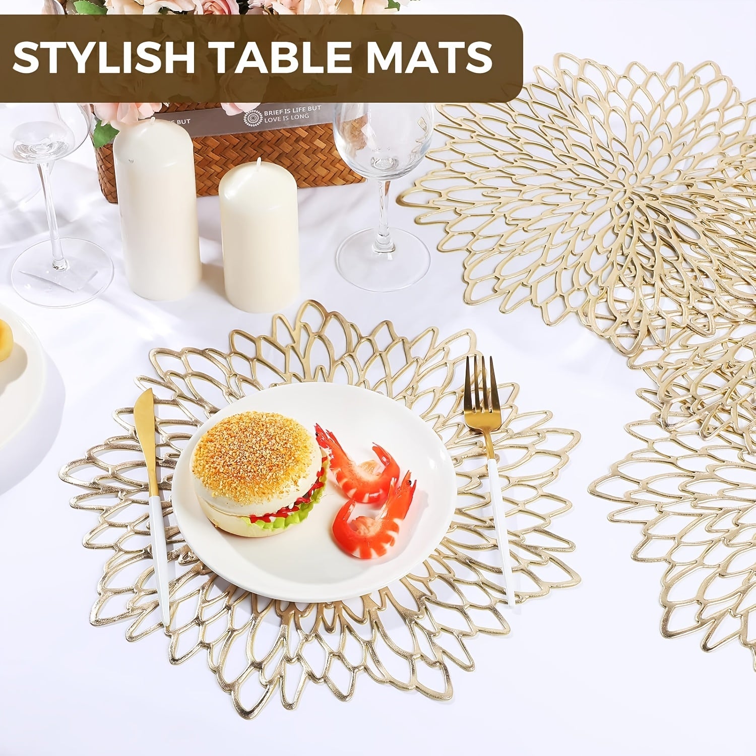 of 150 Round Vinyl Placemats Featuring Metallic Hollow Leaf And Flower Designs, Perfect for Decorating Tables at Weddings, Holiday Parties, And Home Dining