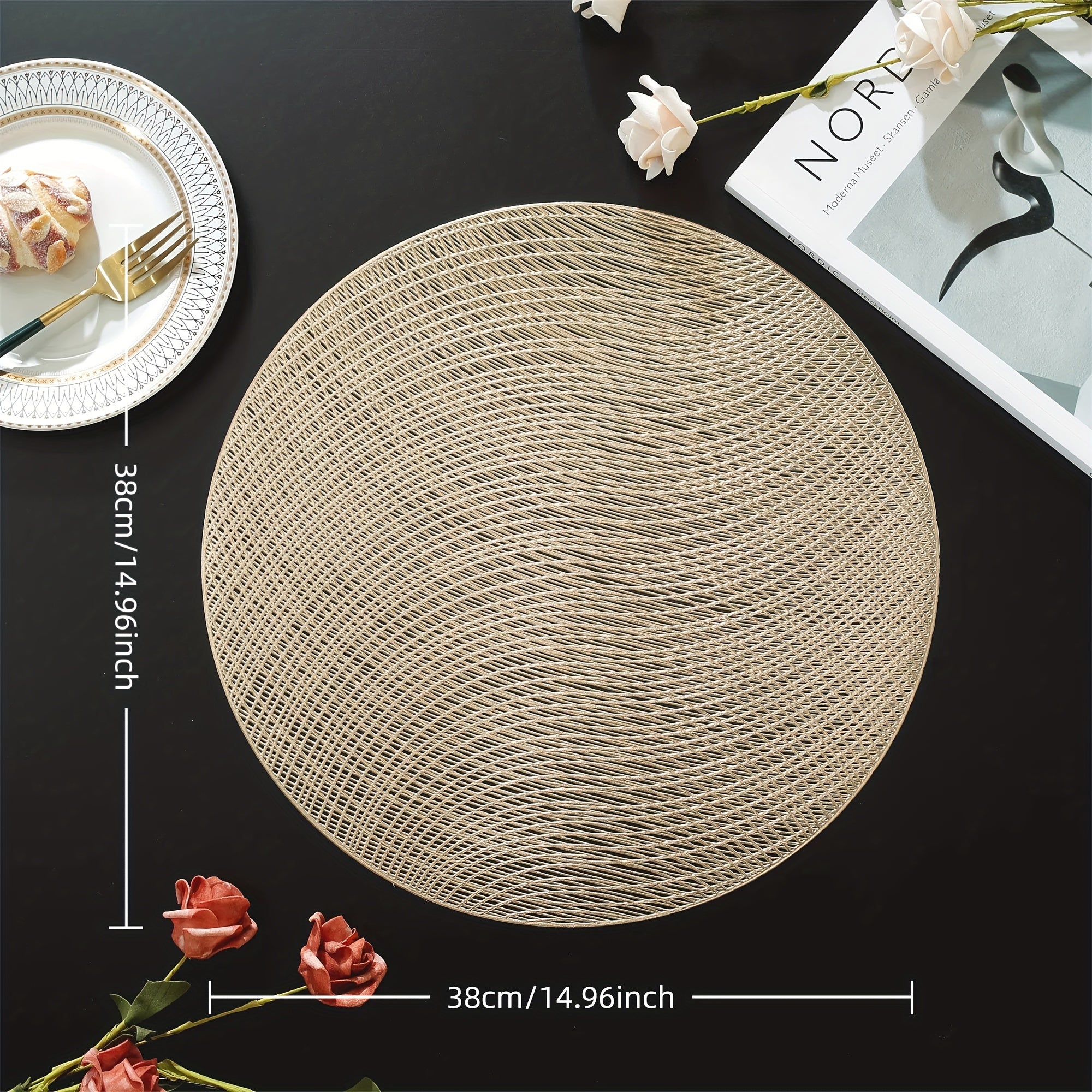 Hotel Restaurant Table Mats 6\u002F8pcs PVC Golden Round Placemats | High-end Insulation Table Mats for Hotel Restaurant, Protect Tabletop, Suitable for Weddings Christmas Parties Family Kitchen, Holiday Decoration