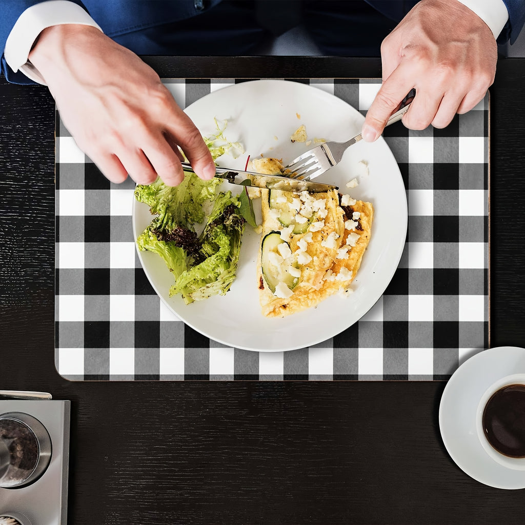 Collection of 8 Plaid Heat-Resistant Cork Placemats Suitable for Kitchen And Dining Tables, Measuring 16 X 12 Inches, Featuring Gingham Design. These Thick Cork-Backed Placemats Are Easy to Clean And Perfect for Christmas