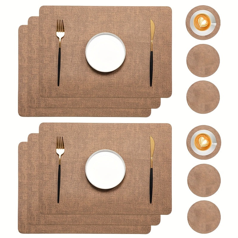 12pcs Set - Rectangular Faux Leather Placemats with Round Coasters, Heat Resistant Wipeable Washable Place Mats with Coasters, Coffee Tea Hot Drink Tabletop Coasters, Coffee Bowl Plate Mats Dining Table Mats, Suitable for Kitchen Restaurant Dining T