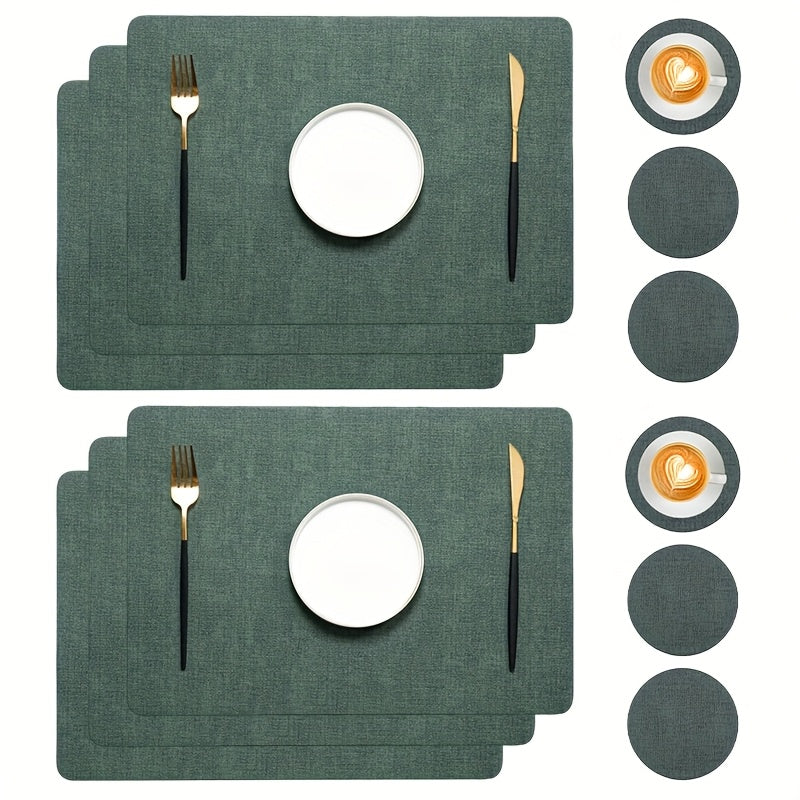 12pcs Set - Rectangular Faux Leather Placemats with Round Coasters, Heat Resistant Wipeable Washable Place Mats with Coasters, Coffee Tea Hot Drink Tabletop Coasters, Coffee Bowl Plate Mats Dining Table Mats, Suitable for Kitchen Restaurant Dining T