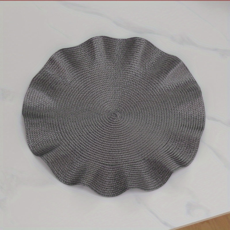 Set of 6 Creatively Designed Woven Polypropylene Placemats with Leaf Edges, Featuring Rustic, Heat-Resistant, And Non-Slip Properties. Includes Irregular Coasters And Cup Mats in Solid Colors, Ideal for Dining Tables, Kitchens