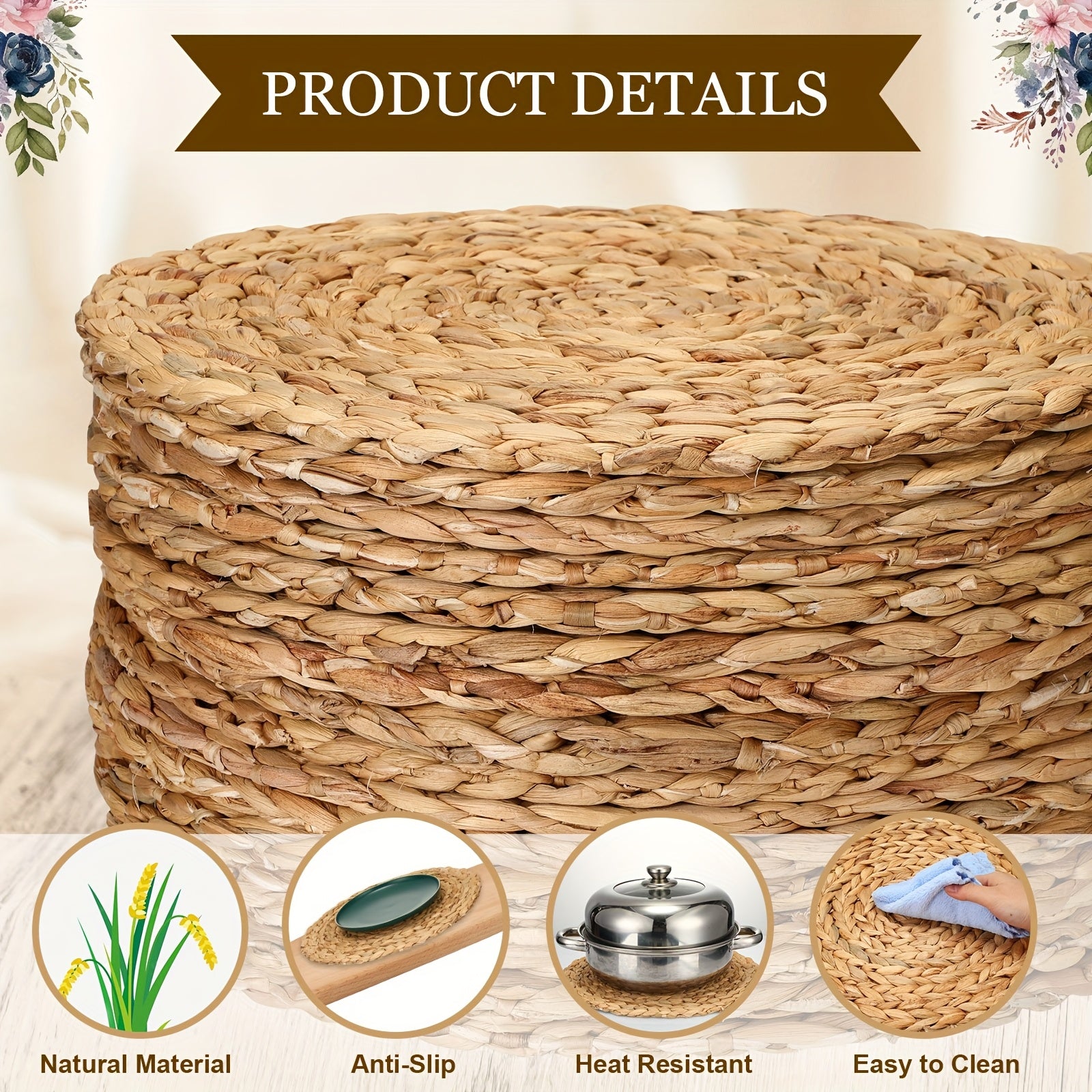 30pcs Wheat Round Placemats Hand Braided Table Mats - Rustic Boho Wheat Tableware for Dinner Party, Charger Plates, Kitchen & Dining Table Decor, Durable Wheat Table Settings (Compatible with Water