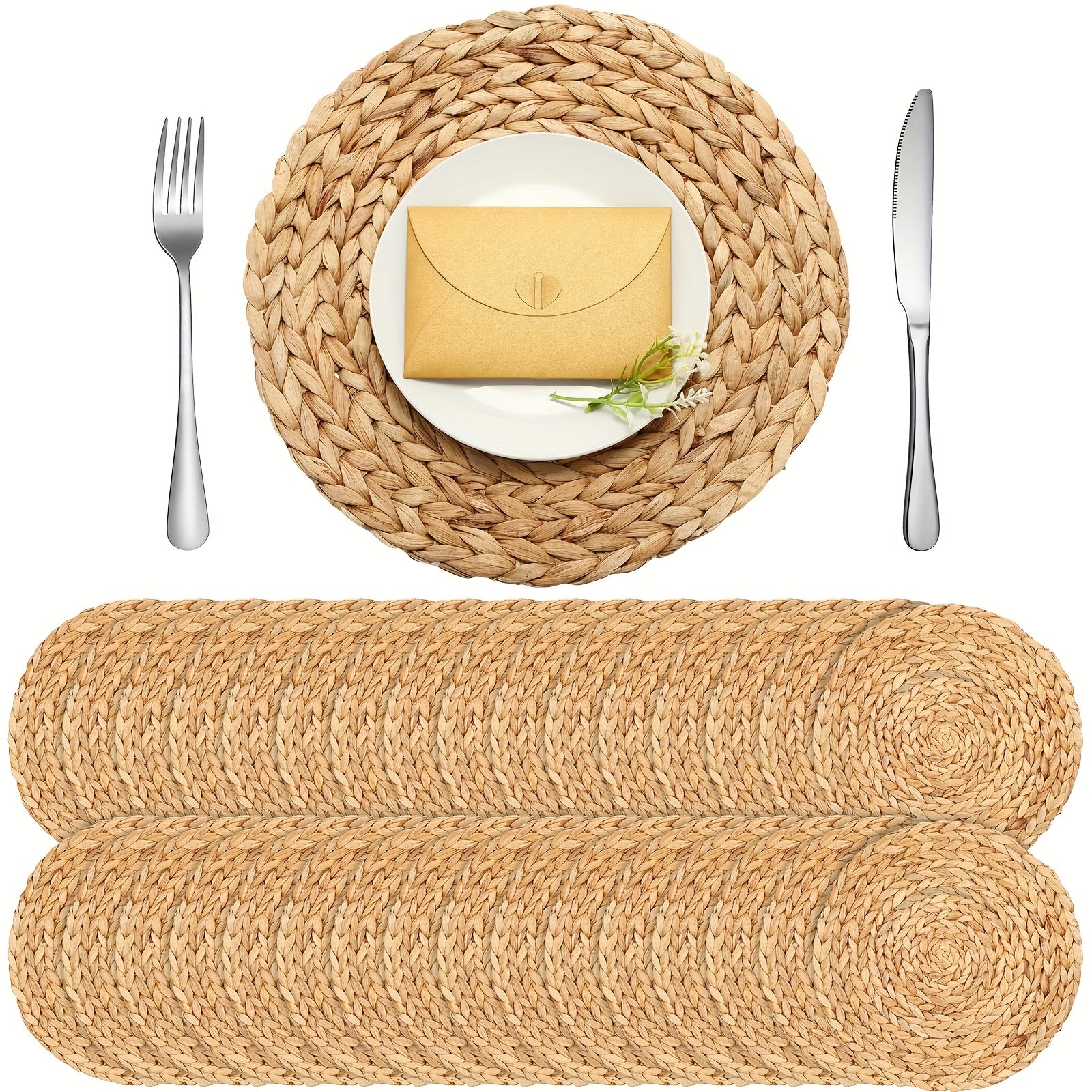 30pcs Wheat Round Placemats Hand Braided Table Mats - Rustic Boho Wheat Tableware for Dinner Party, Charger Plates, Kitchen & Dining Table Decor, Durable Wheat Table Settings (Compatible with Water