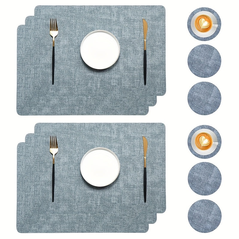 12pcs Set - Rectangular Faux Leather Placemats with Round Coasters, Heat Resistant Wipeable Washable Place Mats with Coasters, Coffee Tea Hot Drink Tabletop Coasters, Coffee Bowl Plate Mats Dining Table Mats, Suitable for Kitchen Restaurant Dining T