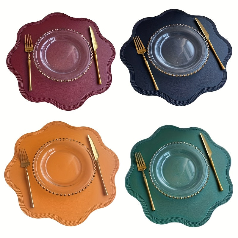 4pcs Set Faux Leather Placemats Heat Resistant Flower Shape Table Mats, Non-Slip Easy to Clean Place mat for Kitchen Coffee Dining Room Table