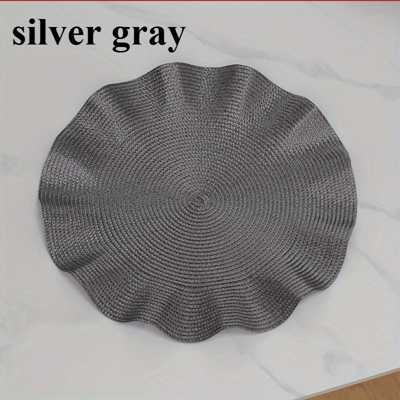 Set of 6 Creatively Designed Woven Polypropylene Placemats with Leaf Edges, Featuring Rustic, Heat-Resistant, And Non-Slip Properties. Includes Irregular Coasters And Cup Mats in Solid Colors, Ideal for Dining Tables, Kitchens