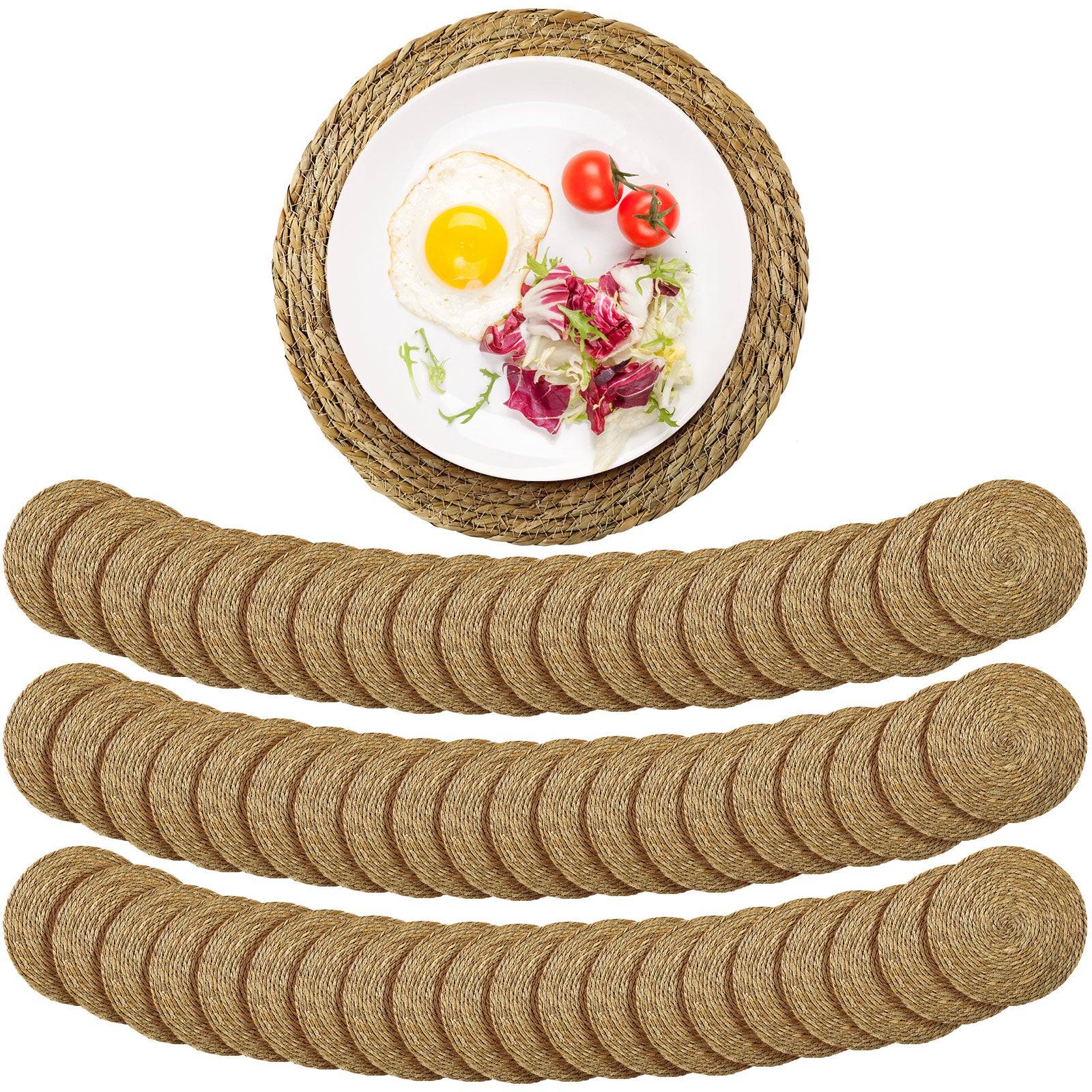 60pcs Bulk Natural Rattan Placemats Round Table Mats - Hand- Boho Farmhouse Style with Natural Straw Suitable for Valentine' Dinner Parties, Rustic Round Table Decor - Rattan Bulk Pack