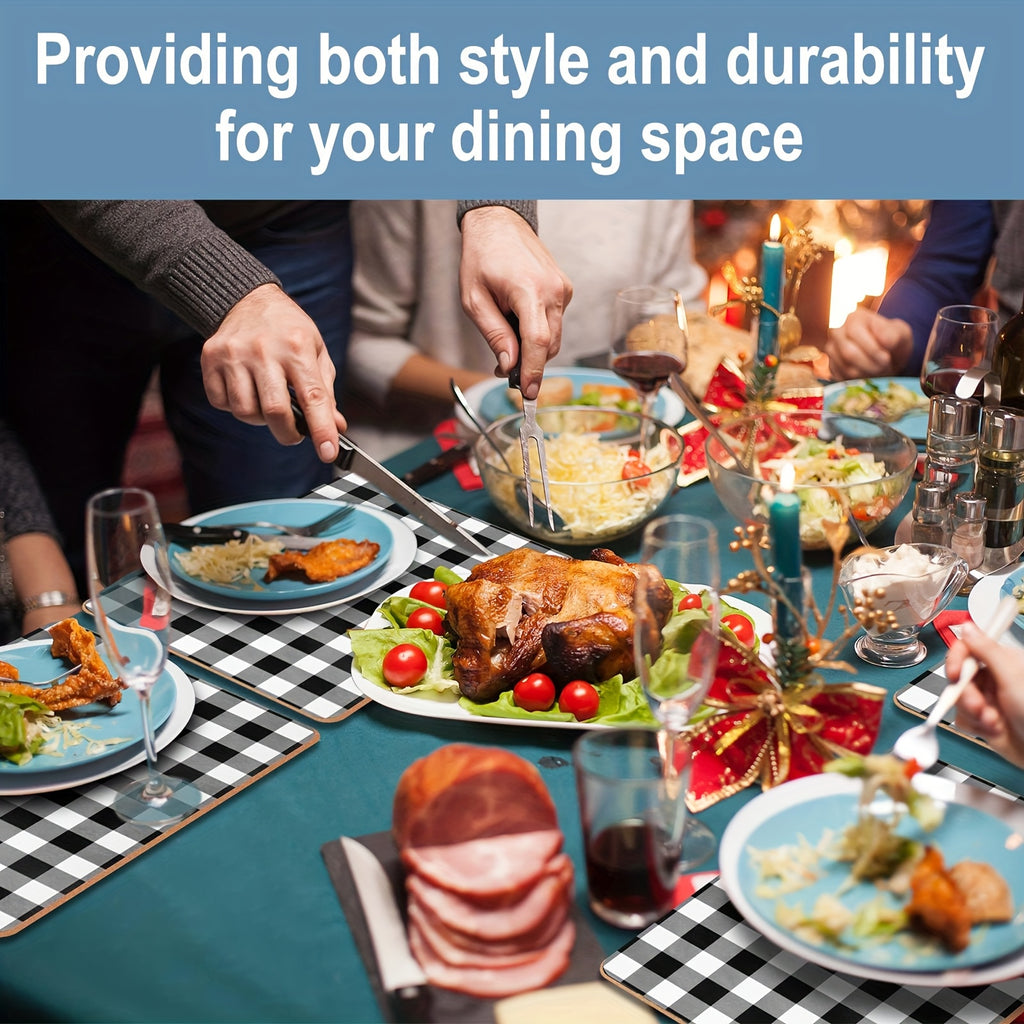 Collection of 8 Plaid Heat-Resistant Cork Placemats Suitable for Kitchen And Dining Tables, Measuring 16 X 12 Inches, Featuring Gingham Design. These Thick Cork-Backed Placemats Are Easy to Clean And Perfect for Christmas