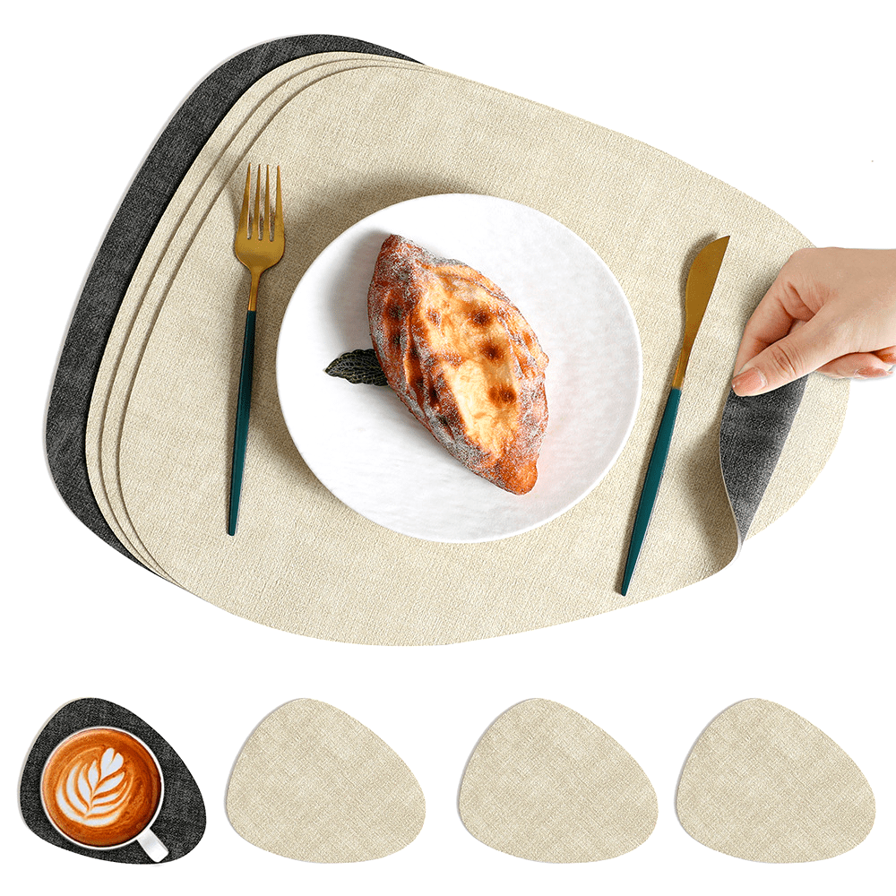 5pcs Placemats (1 Placemat+4 Coasters) Cloth Patterned Water Droplet Shaped Western Dining Table Mat, Hotel Insulated Plate Mat, Bowl Mat, Dual Color Heat-resistant Western Dining Mat