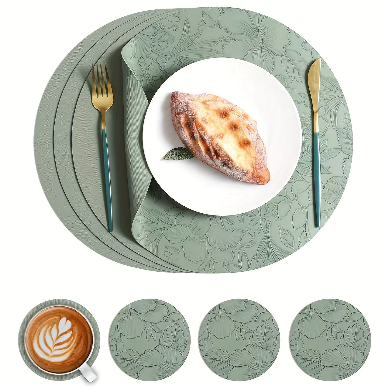 Of 4 Placemats And 4 Coasters, European-Style Luxury PVC Faux Leather Placemats, Double-Sided Round Embossed Placemats, Heat-Resistant Placemats for Hotels And Home, High-End Dining Table Placemats, Patterned Heat-Insulating Mats