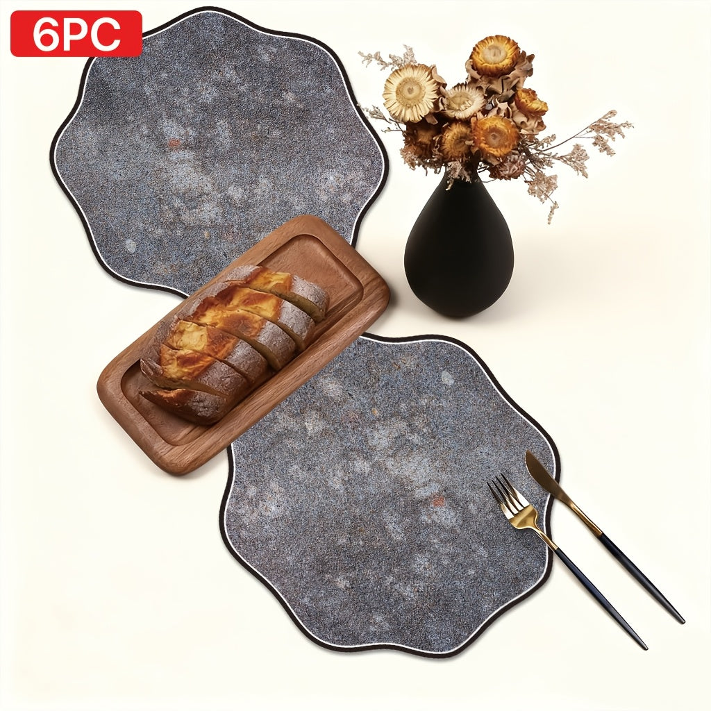 6pcs Octagonal Printed Leather Placemats 12.99in * 12.99in Gray Textured Stone Pattern Placemat, Irregular Aged Design, Home Decor, Dining Table Mat, Seasonal Tabletop Accessory,  Table Setting Accessory, Irregular Shape Mats, Octagonal Placemats