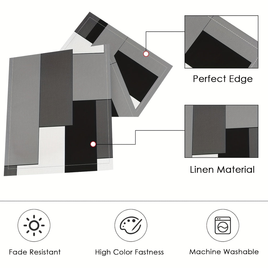 A Set of Geometric Tablecloth And Placemats, Featuring Abstract Art in White, Black, And Gray, Suitable for Everyday Dining Decor