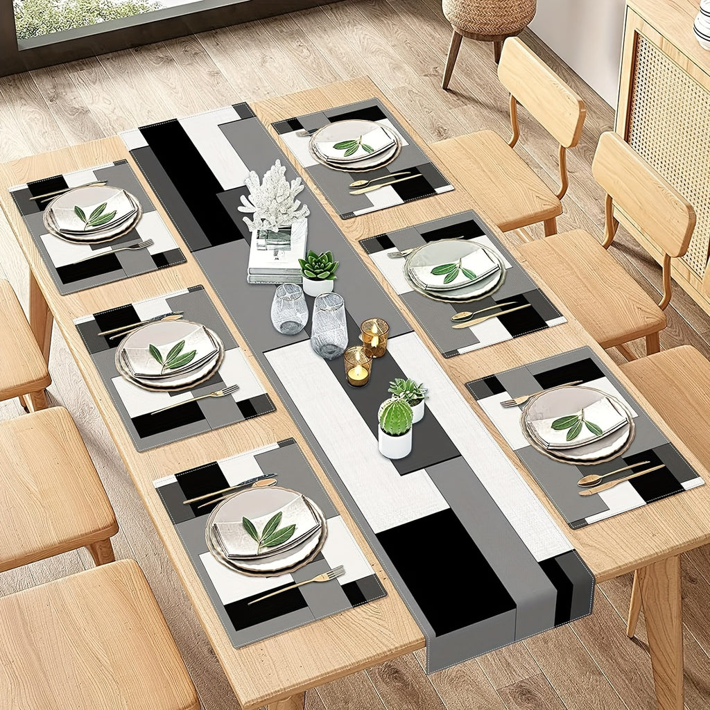 A Set of Geometric Tablecloth And Placemats, Featuring Abstract Art in White, Black, And Gray, Suitable for Everyday Dining Decor