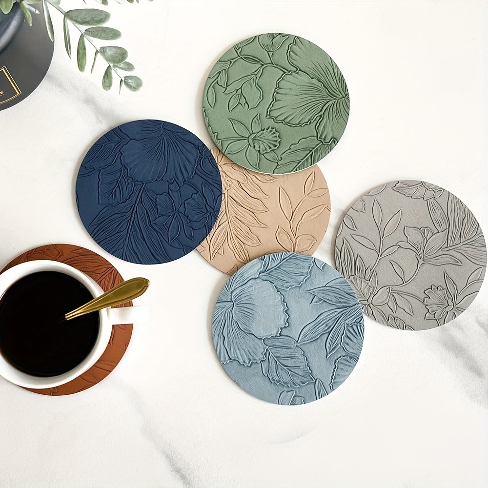 Of 4 Placemats And 4 Coasters, European-Style Luxury PVC Faux Leather Placemats, Double-Sided Round Embossed Placemats, Heat-Resistant Placemats for Hotels And Home, High-End Dining Table Placemats, Patterned Heat-Insulating Mats