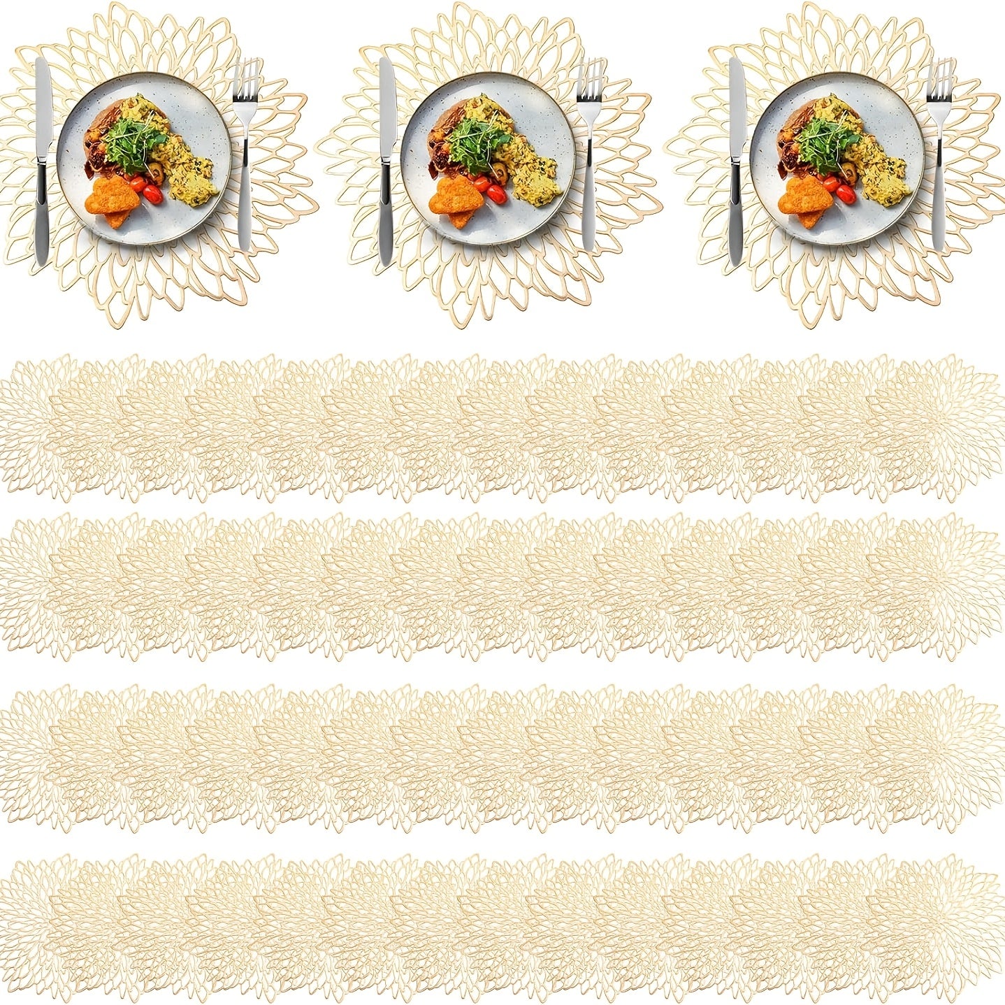 of 150 Round Vinyl Placemats Featuring Metallic Hollow Leaf And Flower Designs, Perfect for Decorating Tables at Weddings, Holiday Parties, And Home Dining