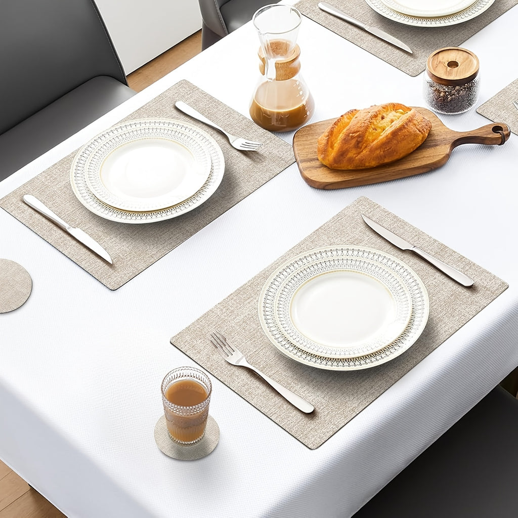 12pcs Set - Rectangular Faux Leather Placemats with Round Coasters, Heat Resistant Wipeable Washable Place Mats with Coasters, Coffee Tea Hot Drink Tabletop Coasters, Coffee Bowl Plate Mats Dining Table Mats, Suitable for Kitchen Restaurant Dining T