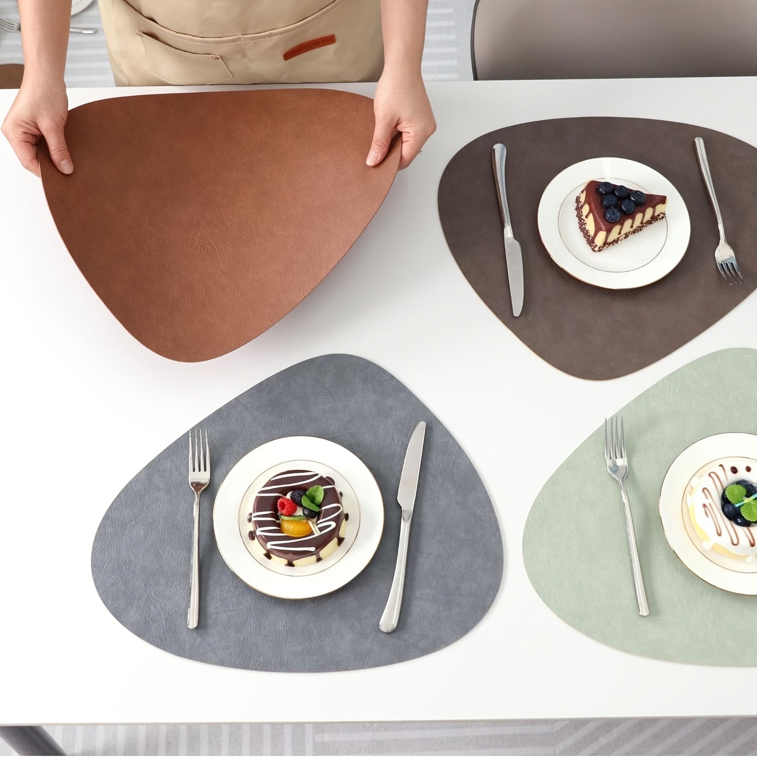 4pcs Nordic double-sided Water-Drop Shaped Faux Leather Placemats, Dining Table Mats, Western Plate Mats, Heat-resistant Mats, Home Table Decor Mats, Kitchen Table Mats, Multicolor Available, Easy Clean, Suitable for Daisy Family Use&Gatherings&Hotel