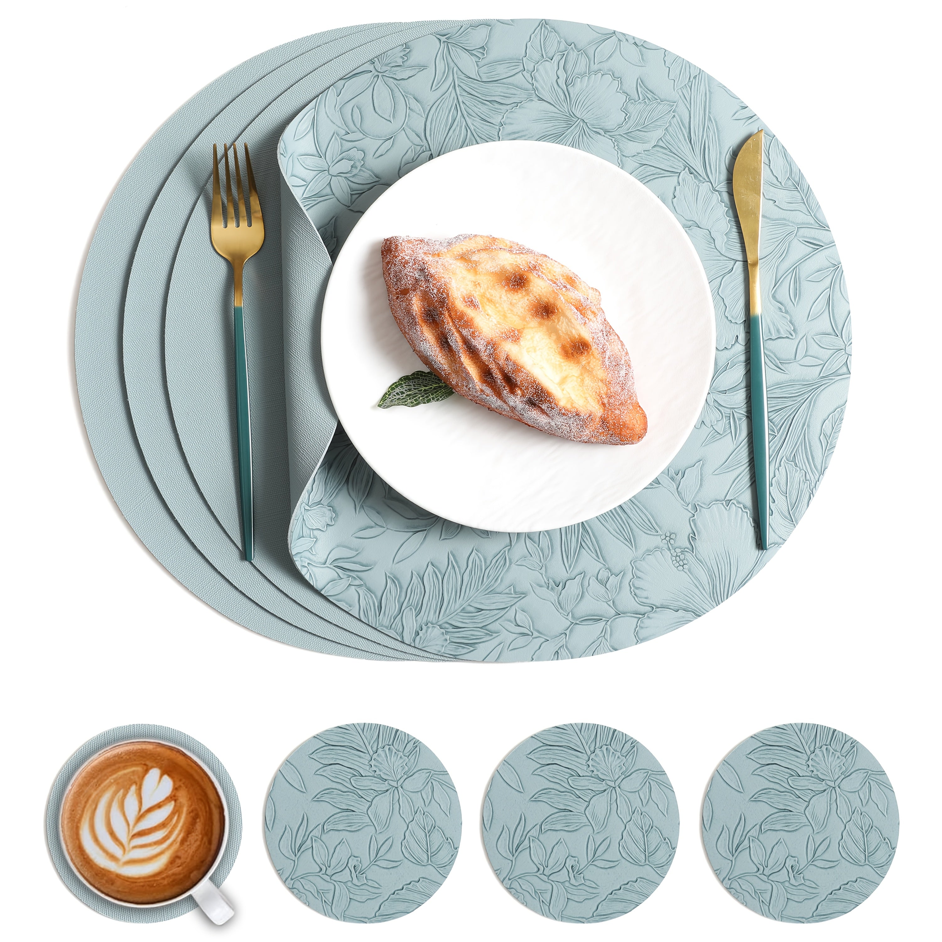 Of 4 Placemats And 4 Coasters, European-Style Luxury PVC Faux Leather Placemats, Double-Sided Round Embossed Placemats, Heat-Resistant Placemats for Hotels And Home, High-End Dining Table Placemats, Patterned Heat-Insulating Mats