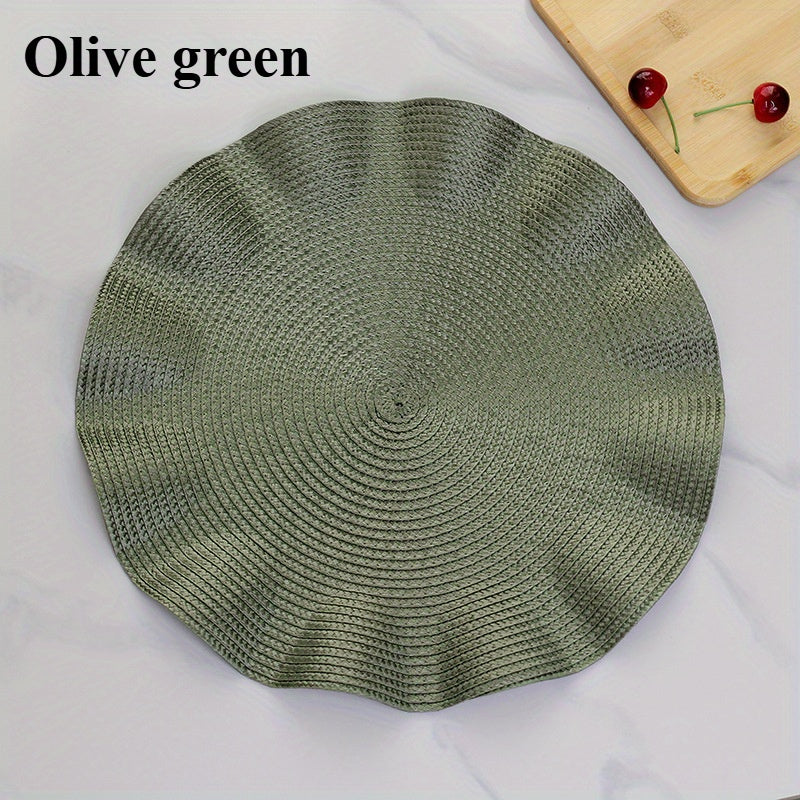 Set of 6 Creatively Designed Woven Polypropylene Placemats with Leaf Edges, Featuring Rustic, Heat-Resistant, And Non-Slip Properties. Includes Irregular Coasters And Cup Mats in Solid Colors, Ideal for Dining Tables, Kitchens