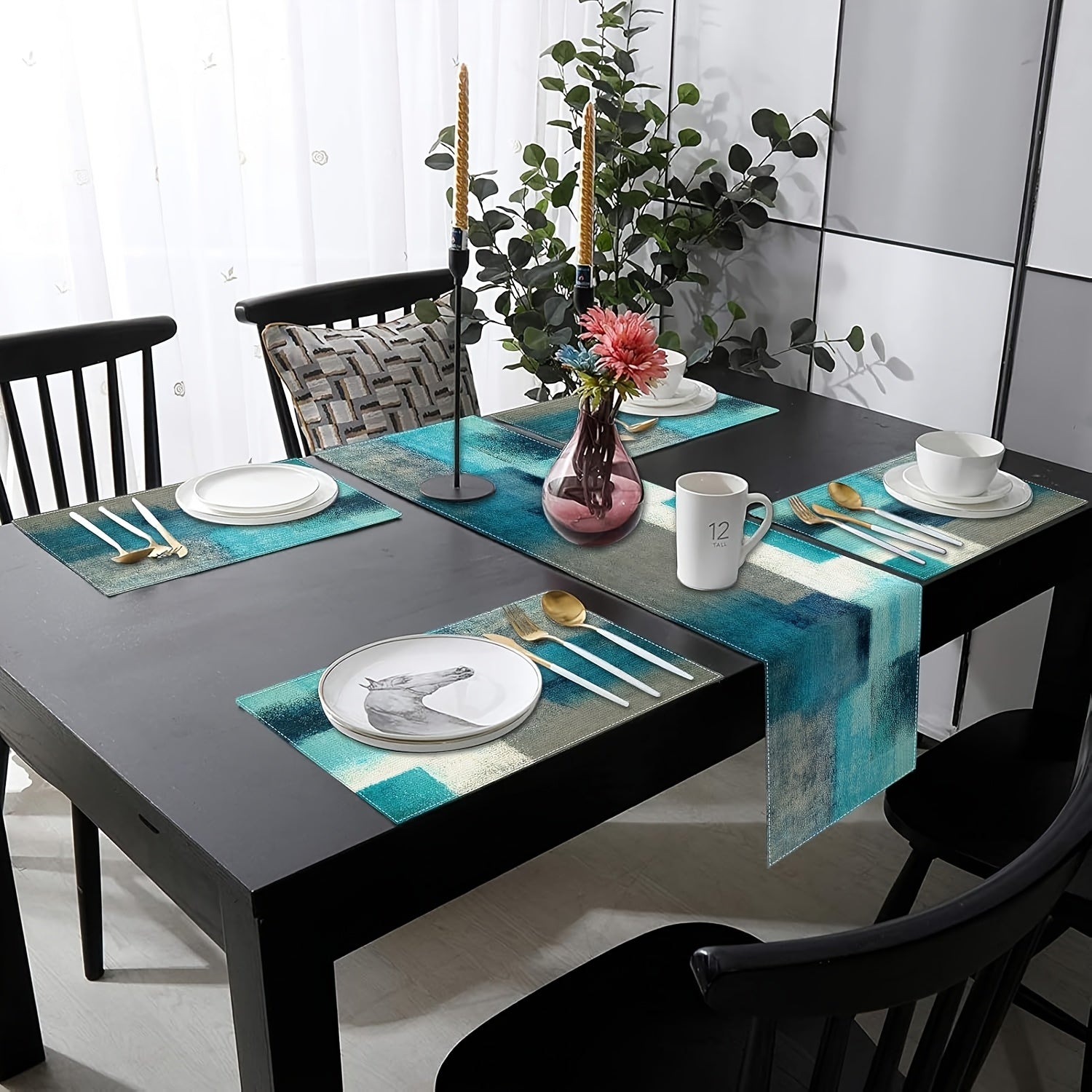 Farmhouse Table Set A Set of Farmhouse Table Runner And Placemats, Featuring Abstract Teal And Gray Painting Art for Table Decoration, Suitable for Everyday Use (1 Table Runner 72 Inches Long And 6 Placemats)