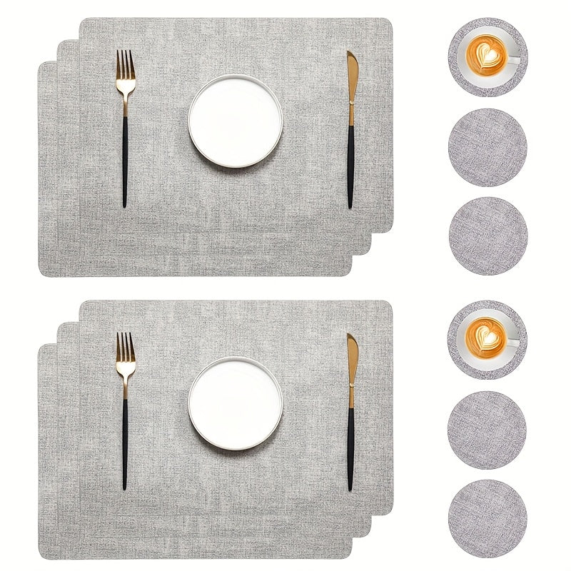 12pcs Set - Rectangular Faux Leather Placemats with Round Coasters, Heat Resistant Wipeable Washable Place Mats with Coasters, Coffee Tea Hot Drink Tabletop Coasters, Coffee Bowl Plate Mats Dining Table Mats, Suitable for Kitchen Restaurant Dining T