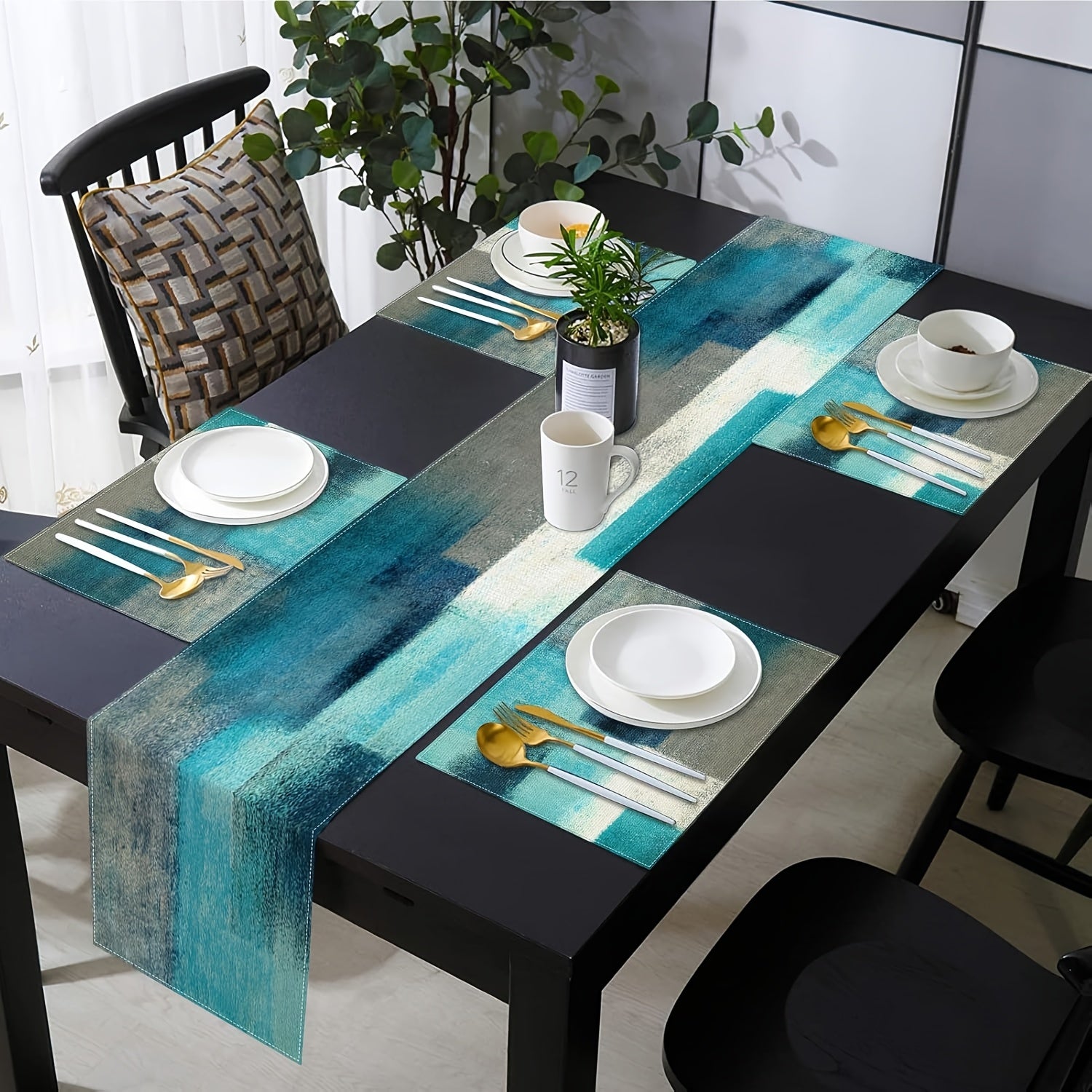 Farmhouse Table Set A Set of Farmhouse Table Runner And Placemats, Featuring Abstract Teal And Gray Painting Art for Table Decoration, Suitable for Everyday Use (1 Table Runner 72 Inches Long And 6 Placemats)