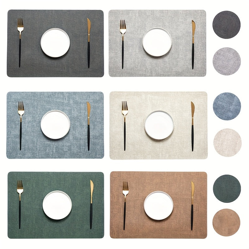 12pcs Set - Rectangular Faux Leather Placemats with Round Coasters, Heat Resistant Wipeable Washable Place Mats with Coasters, Coffee Tea Hot Drink Tabletop Coasters, Coffee Bowl Plate Mats Dining Table Mats, Suitable for Kitchen Restaurant Dining T