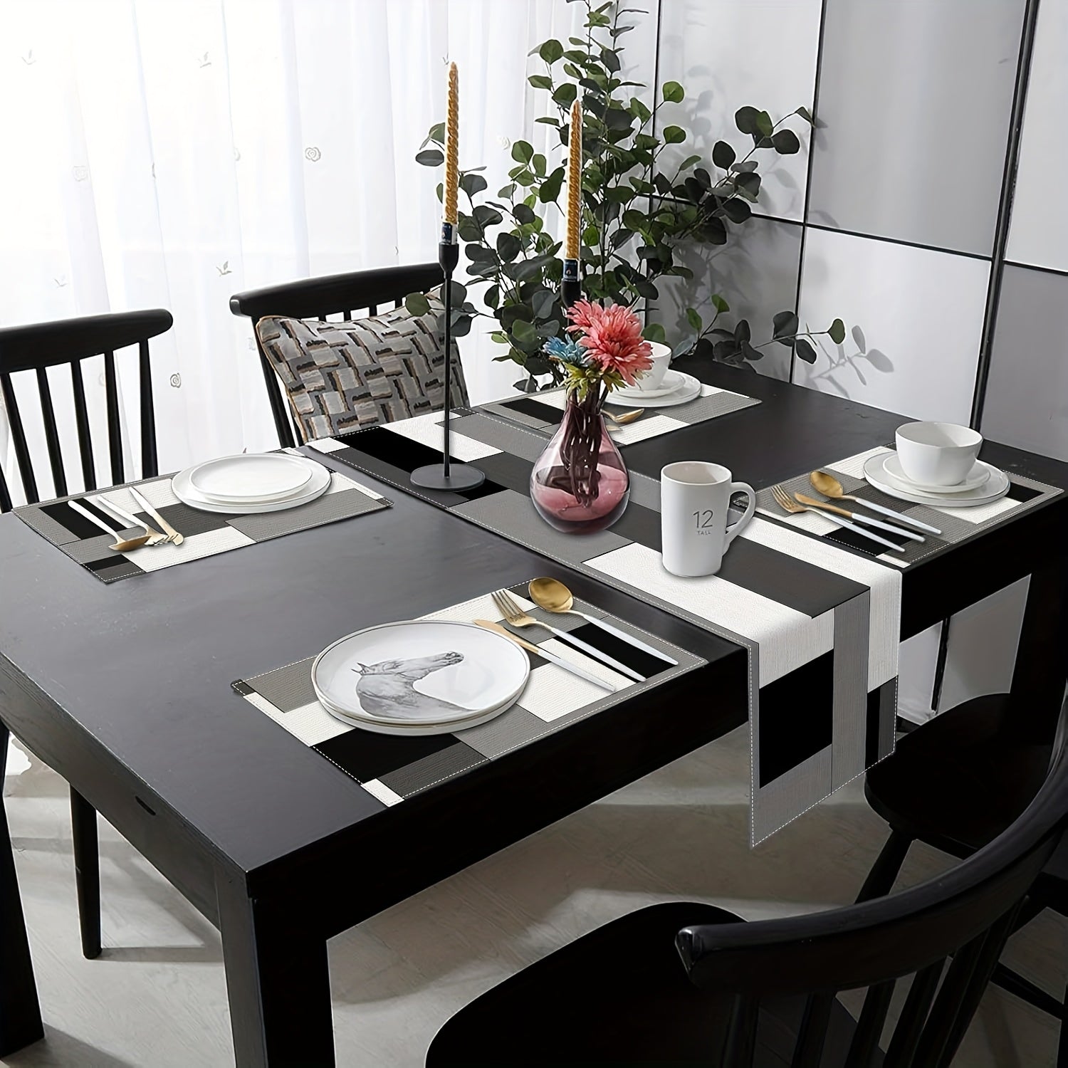 A Set of Geometric Tablecloth And Placemats, Featuring Abstract Art in White, Black, And Gray, Suitable for Everyday Dining Decor