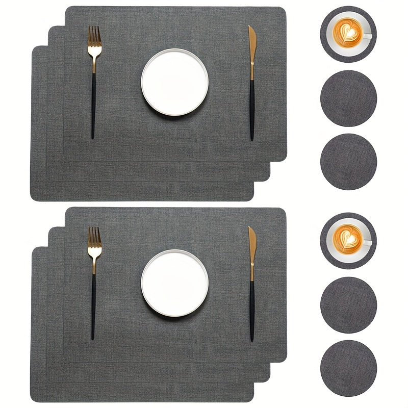 12pcs Set - Rectangular Faux Leather Placemats with Round Coasters, Heat Resistant Wipeable Washable Place Mats with Coasters, Coffee Tea Hot Drink Tabletop Coasters, Coffee Bowl Plate Mats Dining Table Mats, Suitable for Kitchen Restaurant Dining T