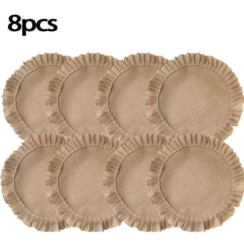 4pcs\u002F6pcs\u002F8pcs Round Burlap Placemats Jute Rustic Place Mats for Dining Tables Heat Resistant Natural Farmhouse Table Mats Decor for Thanksgiving, Suitable for Wedding Party Farmhouse Dinner Tablecloth Decoration, Graduation Ceremony