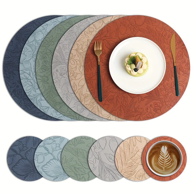 Of 4 Placemats And 4 Coasters, European-Style Luxury PVC Faux Leather Placemats, Double-Sided Round Embossed Placemats, Heat-Resistant Placemats for Hotels And Home, High-End Dining Table Placemats, Patterned Heat-Insulating Mats