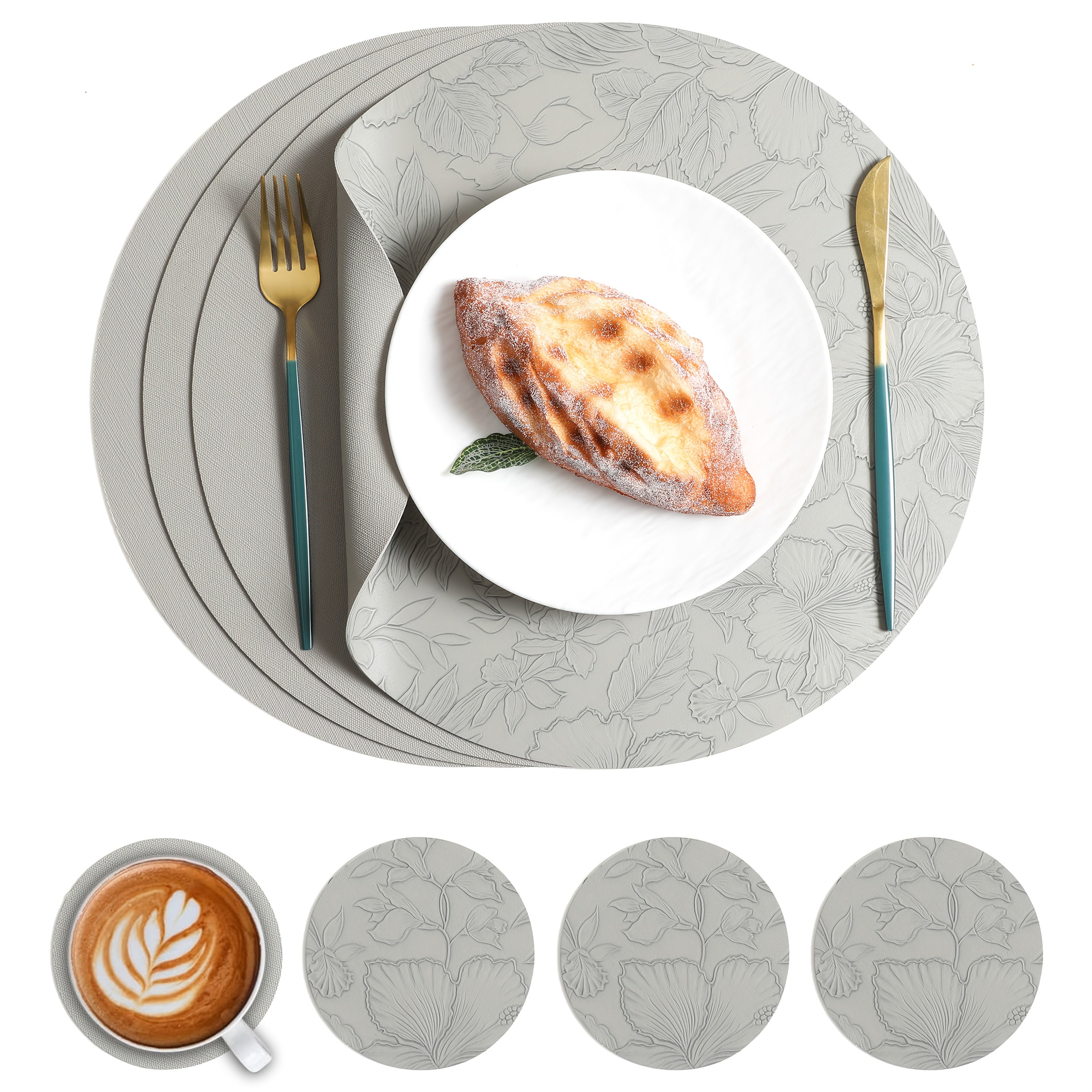 Of 4 Placemats And 4 Coasters, European-Style Luxury PVC Faux Leather Placemats, Double-Sided Round Embossed Placemats, Heat-Resistant Placemats for Hotels And Home, High-End Dining Table Placemats, Patterned Heat-Insulating Mats