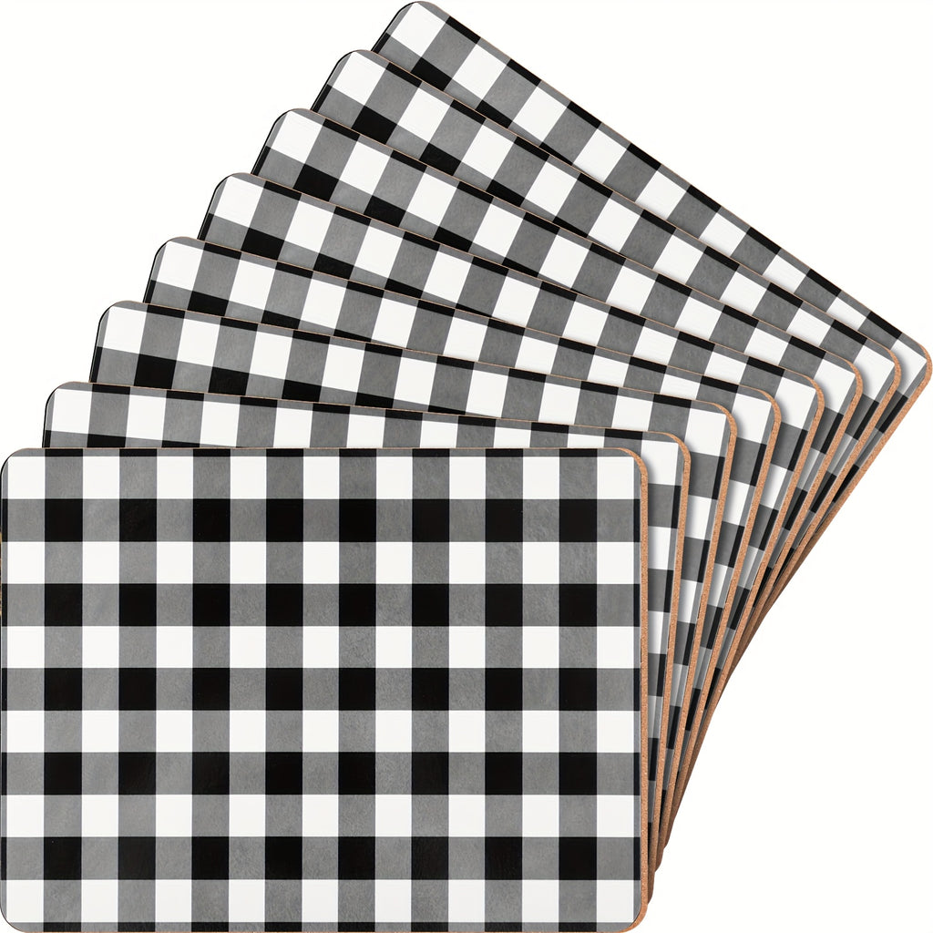 Collection of 8 Plaid Heat-Resistant Cork Placemats Suitable for Kitchen And Dining Tables, Measuring 16 X 12 Inches, Featuring Gingham Design. These Thick Cork-Backed Placemats Are Easy to Clean And Perfect for Christmas