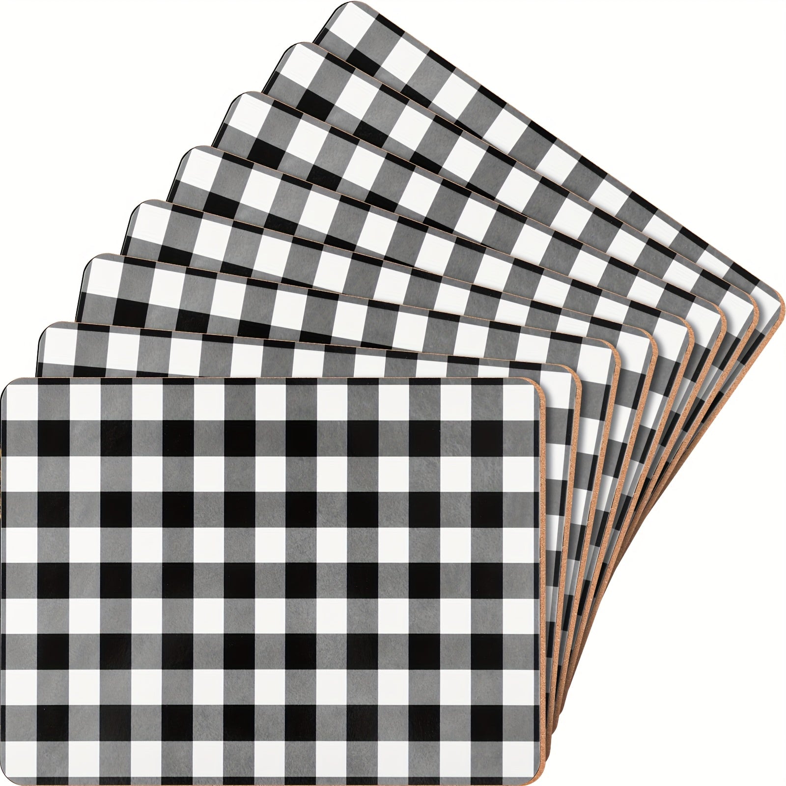 Collection of 8 Plaid Heat-Resistant Cork Placemats Suitable for Kitchen And Dining Tables, Measuring 16 X 12 Inches, Featuring Gingham Design. These Thick Cork-Backed Placemats Are Easy to Clean And Perfect for Christmas