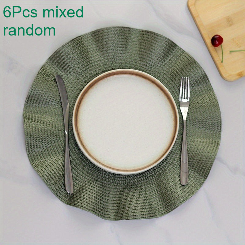 Set of 6 Creatively Designed Woven Polypropylene Placemats with Leaf Edges, Featuring Rustic, Heat-Resistant, And Non-Slip Properties. Includes Irregular Coasters And Cup Mats in Solid Colors, Ideal for Dining Tables, Kitchens