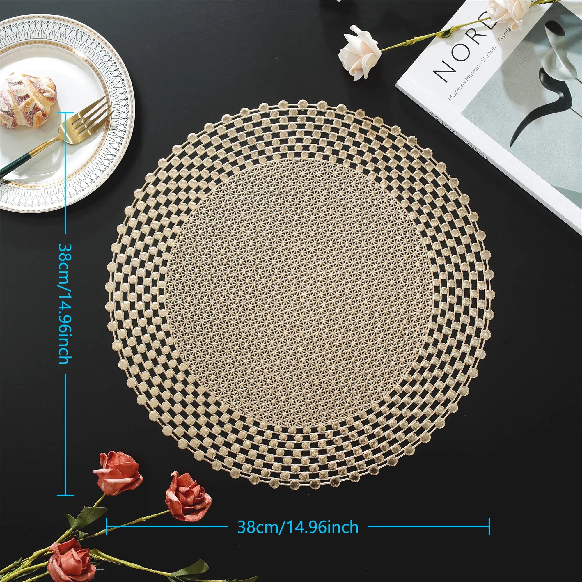 Hotel Restaurant Table Mats 6\u002F8pcs PVC Golden Round Placemats | High-end Insulation Table Mats for Hotel Restaurant, Protect Tabletop, Suitable for Weddings Christmas Parties Family Kitchen, Holiday Decoration