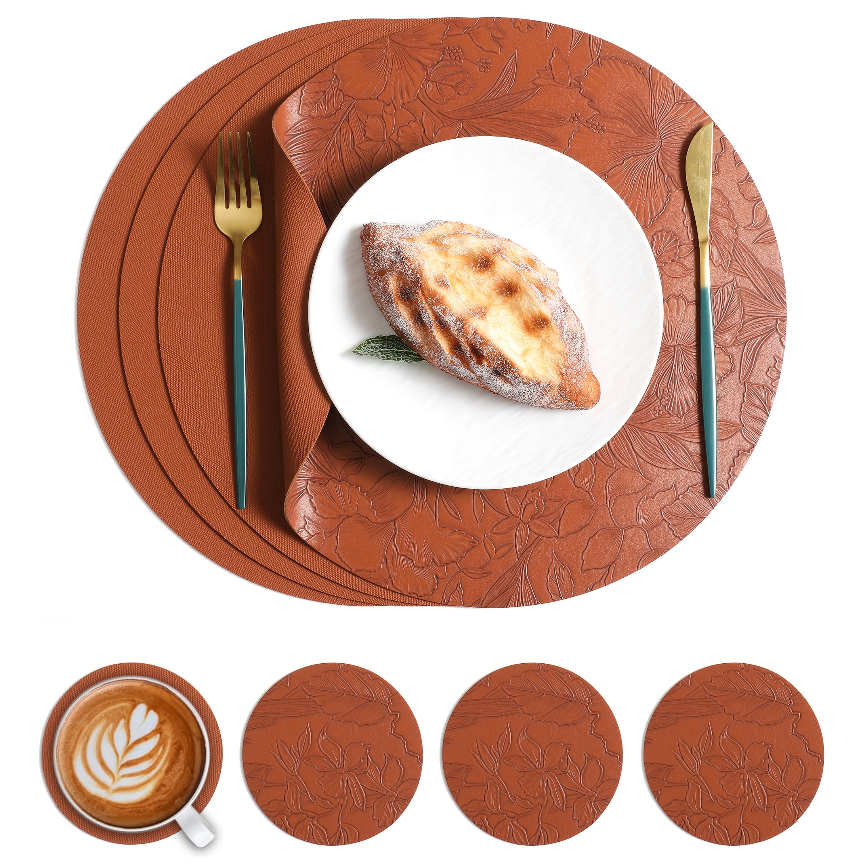 Of 4 Placemats And 4 Coasters, European-Style Luxury PVC Faux Leather Placemats, Double-Sided Round Embossed Placemats, Heat-Resistant Placemats for Hotels And Home, High-End Dining Table Placemats, Patterned Heat-Insulating Mats