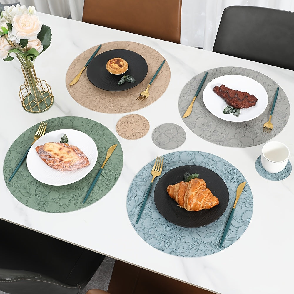Of 4 Placemats And 4 Coasters, European-Style Luxury PVC Faux Leather Placemats, Double-Sided Round Embossed Placemats, Heat-Resistant Placemats for Hotels And Home, High-End Dining Table Placemats, Patterned Heat-Insulating Mats