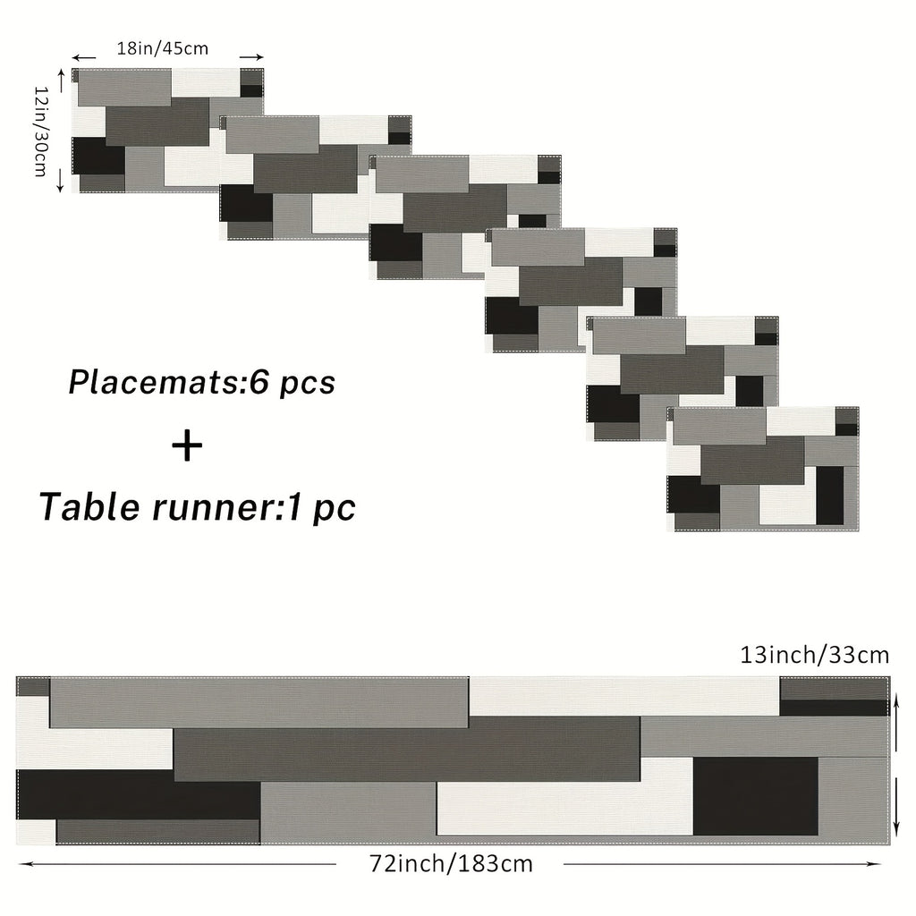A Set of Geometric Tablecloth And Placemats, Featuring Abstract Art in White, Black, And Gray, Suitable for Everyday Dining Decor